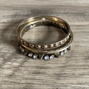 Set of 3 Brass Tone Bangle Bracelets Studded & Rhinestone Detail